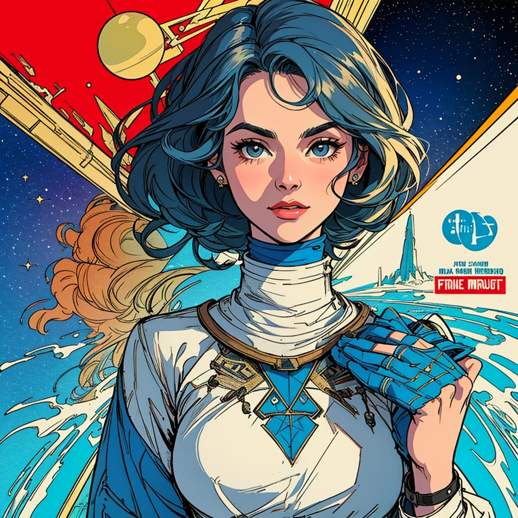 (((highest quality))),masterpiece,1 woman,((the perfect person)),((Super beautiful woman)),detailed perfect face,retro,vintage,classic,60's,70's,80's,old movie posters,abstract,((スペーススリラーmovie poster)),(Futuristic),Geometric pattern,very delicate,movie poster_white frame,universe,Milky Way,planet,,propaganda,universe飛行士,breast enhancement,simple,