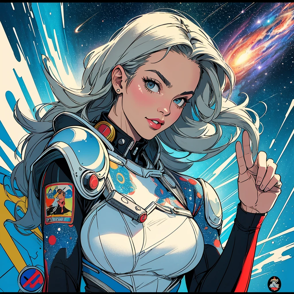 (((highest quality))),masterpiece,1 woman,((the perfect person)),((Super beautiful woman)),detailed perfect face,retro,vintage,classic,60's,70's,80&#39;s,old movie posters,abstract,((スペーススリラーmovie poster)),(Futuristic),Geometric pattern,very delicate,movie poster_white frame,universe,Milky Way,planet,,propaganda,universe飛行士,breast enhancement,simple,