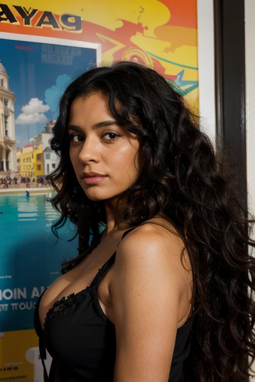 35 year old beautiful Puerto Rican woman looking at the camera. Style of an old travel poster, art deco, in a rainbow of color. natural lighting, very colorful, long black curly hair, voluminous long black curly hair, messy long black curly hair, frizzy long black hair.