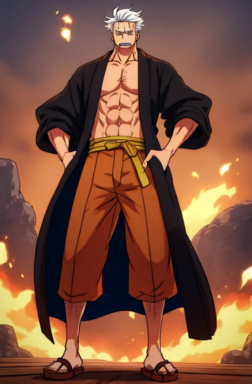 A man with white hair, short and messy - has a brown skin and a strong and defined body, he is tall.  He wears an unbuttoned jacket and a pair of hakama pants and a wooden slipper. Anime 80s. One Piece, brawler, high res, ultrasharp, 8k, looking at viewer