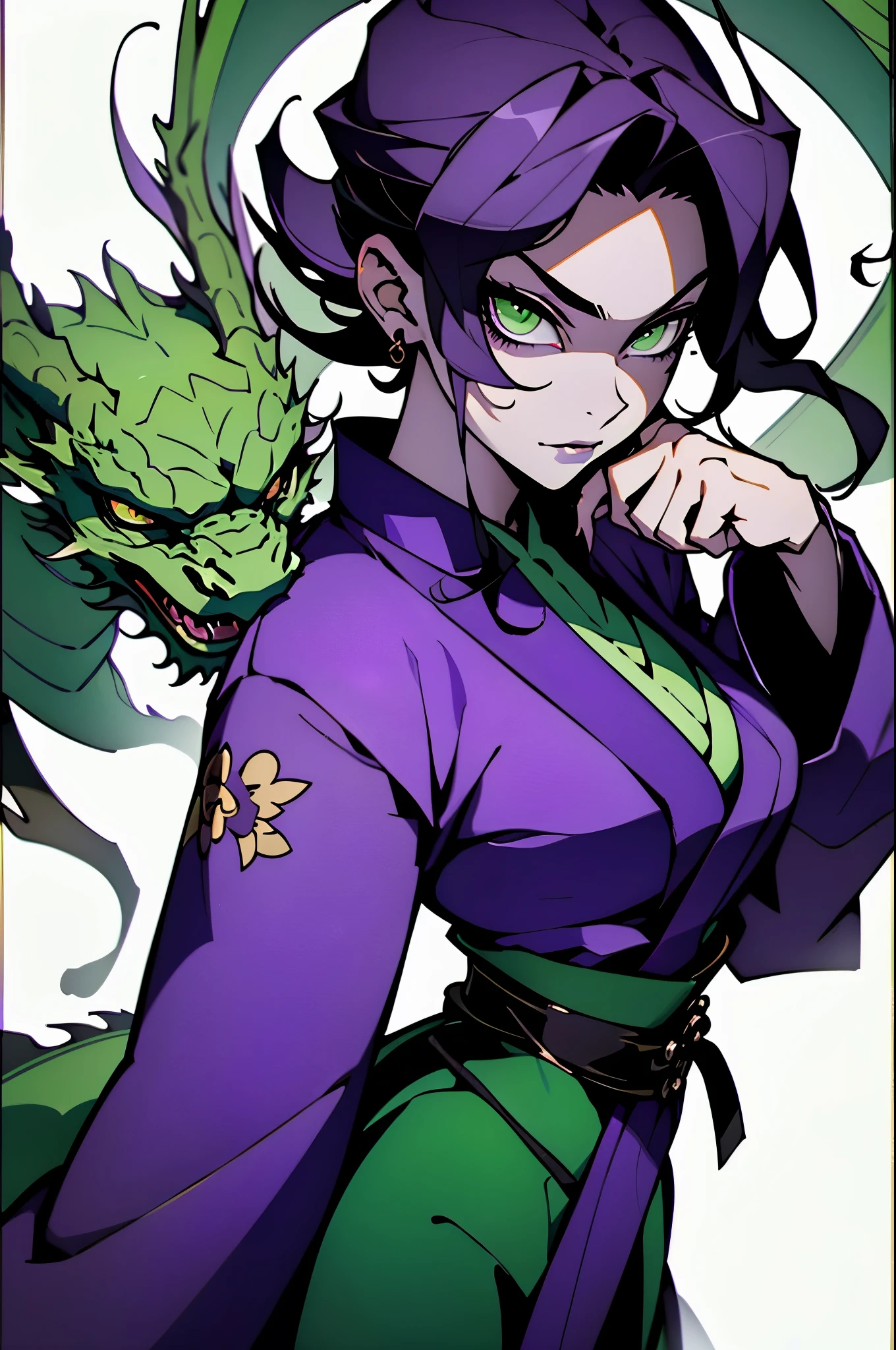 A dragon girl, short black hair, curvy figure, ((green eyes)), (high resolution), ((purple robe, noble robe)), (high resolution), high quality, mature, seductive face, long horns teeth, perfect eyes,