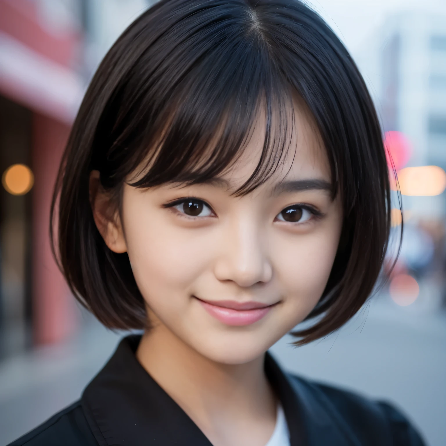 Best-quality, Masterpiece, Ultra-High-Resolution, (Photorealistic:1.4), Raw-Photo, 1girl, 15-years-old, the most famous Japanese idol, at midnight street, wearing only Japanese-high-school-uniform, innocent smile, extremely cute face like the most popular Japanese idol, (((extremely beautiful big-black-eyes))), extremely beautiful black-short-cut-haired, extremely beautiful long-eyelashes, extremely beautiful lips, extremely beautiful skins