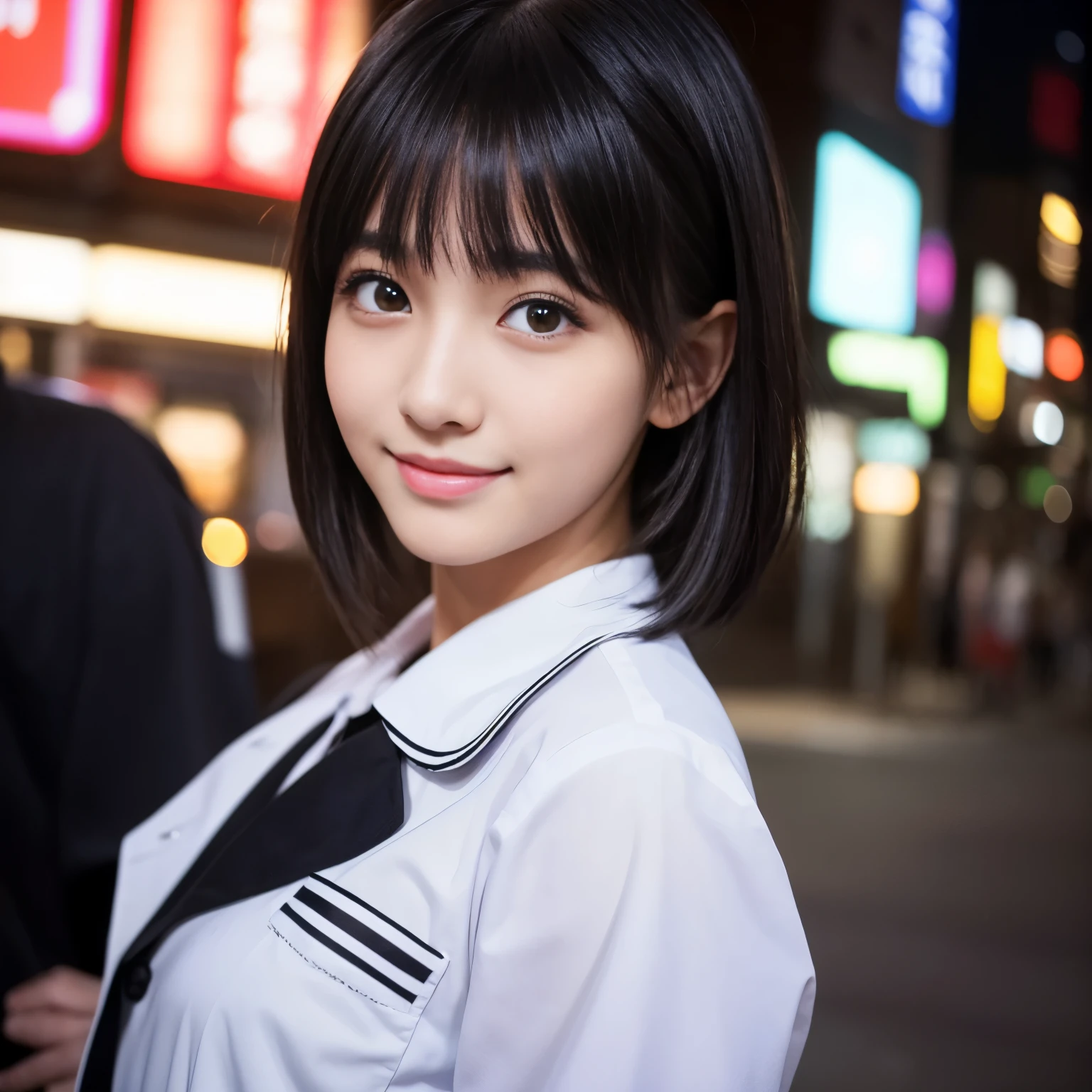 Best-quality, Masterpiece, Ultra-High-Resolution, (Photorealistic:1.4), Raw-Photo, 1girl, 15-years-old, the most famous Japanese idol, at midnight street, wearing only Japanese-high-school-uniform, innocent smile, extremely cute face like the most popular Japanese idol, (((extremely beautiful big-black-eyes))), extremely beautiful black-short-cut-haired, extremely beautiful long-eyelashes, extremely beautiful lips, extremely beautiful skins