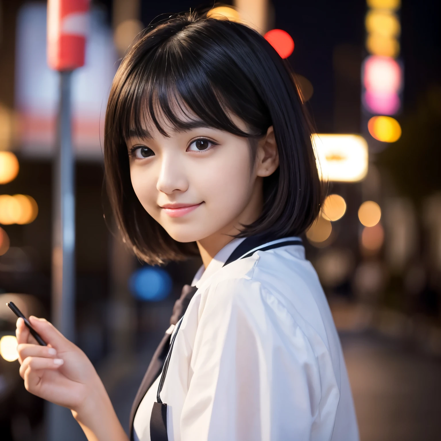 Best-quality, Masterpiece, Ultra-High-Resolution, (Photorealistic:1.4), Raw-Photo, 1girl, 15-years-old, the most famous Japanese idol, at midnight street, wearing only Japanese-high-school-uniform, innocent smile, extremely cute face like the most popular Japanese idol, (((extremely beautiful big-black-eyes))), extremely beautiful black-short-cut-haired, extremely beautiful long-eyelashes, extremely beautiful lips, extremely beautiful skins