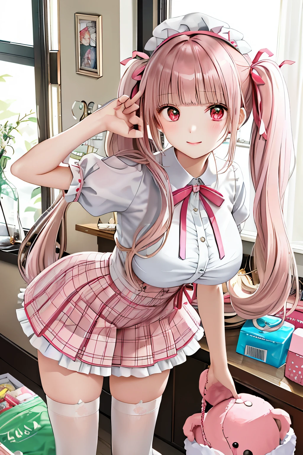 masterpiece,best quality,(solo:1.3),1girl,(tareme:1.2),(full body:1.2),standing,leaning forward,bent over,(low-tied_long_hair:1.3),(low twintails:1.2), dress, ribbons,hair ribbon,very  long hair,hair ornament,hair flower, smile, looking at viewer, pink headwear,red eyes,symbol-shaped pupils, short sleeves, puffy sleeves, bangs,  blush, blunt bangs, puffy short sleeves, jewelry, ribbon, plaid dress, makeup,eyelashes, necklace, wavy hair,(white thighhighs,thighs:1.2),(large breasts:1.2),indoors, messy room, window,sweet,girls's room,pink theme,painting \(medium\),teddy bear, stuffed toy, loaded interior,bedroom,(((otaku room))),trash bags,plastic bags,cola,chips_(food),juice box, books,