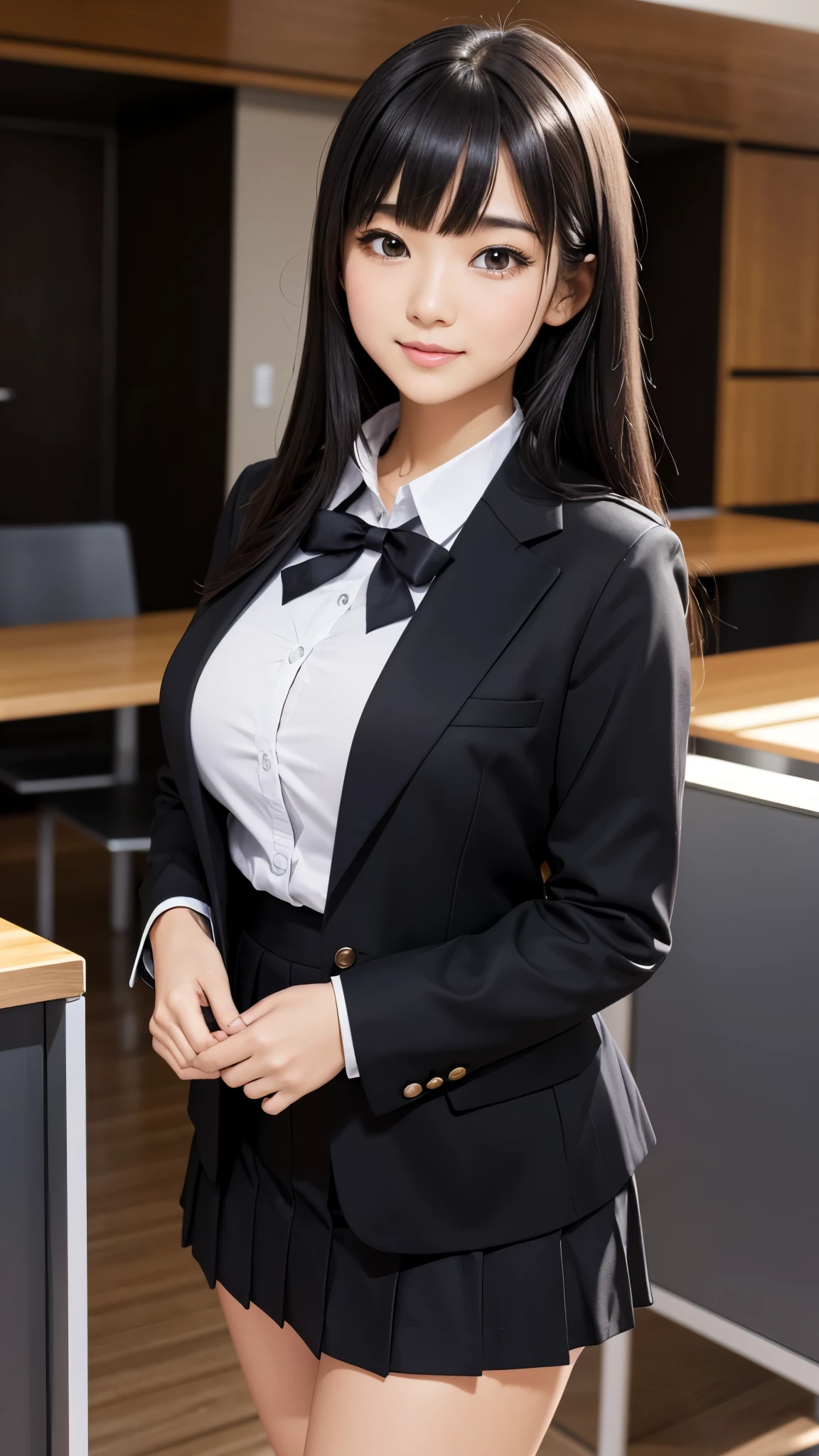 ((best quality)), ((muste piece)), (detailed breasts), (highlight), perfect face Young girl highlighting large breasts with detailed face、Long, thick, shiny, beautiful black hair with blunt bangs、solid color background、Standing wearing red and black blazer and miniskirt school uniform、Japanese high school girl、student council president idol、