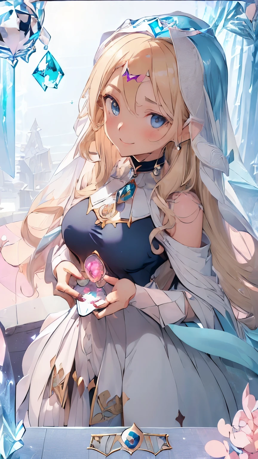 (blonde:1.2),(long hair with curls:1.25),(No bangs:1.25),(A crystal-like clear round gem in the middle of the forehead:1.3),(light pink and blue eyes:1.3),(clergyman:1.3),(White, light blue, blue, and navy blue monastic robes:1.3),(hat with a veil:1.25),(blush:1.2),(small breasts:1.65),(close up of face:1.2),(Front perspective:1.5),(A sphere like a crystal ball:1.45),(Luxurious arcana card motif:1.6),(Smile slightly:1.3),(close up of face:1.1)