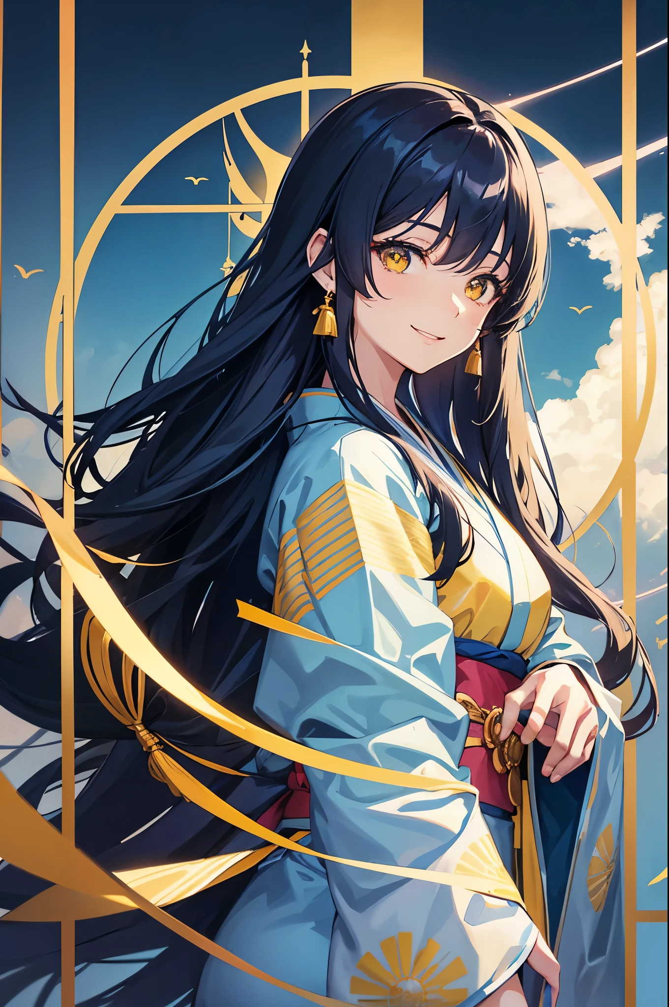 Cover magazine. anime, A woman. long hair. navy hair. Dark blue hair. golden eyes. Yellow eye. Half Body potrait. Upper body. Smile. Light color Kimono. Blue sky background