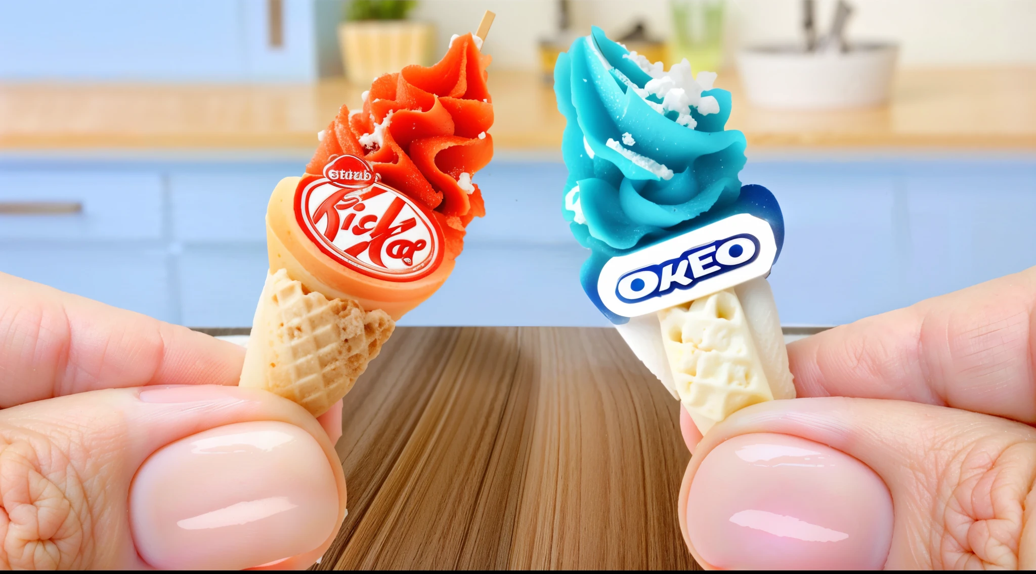 in a miniature kitchen with kitchen utensils, two fingers on the left side are holding a red-orange ice cream cone , which symbolizes fire, KitKat logo in the middle, on the right side, the fingers are holding a blue-blue ice cream cone, which symbolizes winter ice cream. Detailed textures, realistic textures, realistic style, Detailed photo, Macro Photography, Backlight, beautiful lighting, voluminous objects 