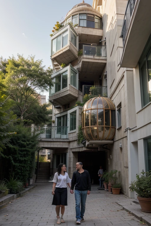 Morden spherical house, the hanging gardens of Babylon, sustainability, future technology, tall building, architectural creativity, new culture, self-sufficiency, the golden ratio, a beautiful building in the middle of the image, a blurry background, one building, spread, natural colors, calm colors, masterpiece, art, people walking near it