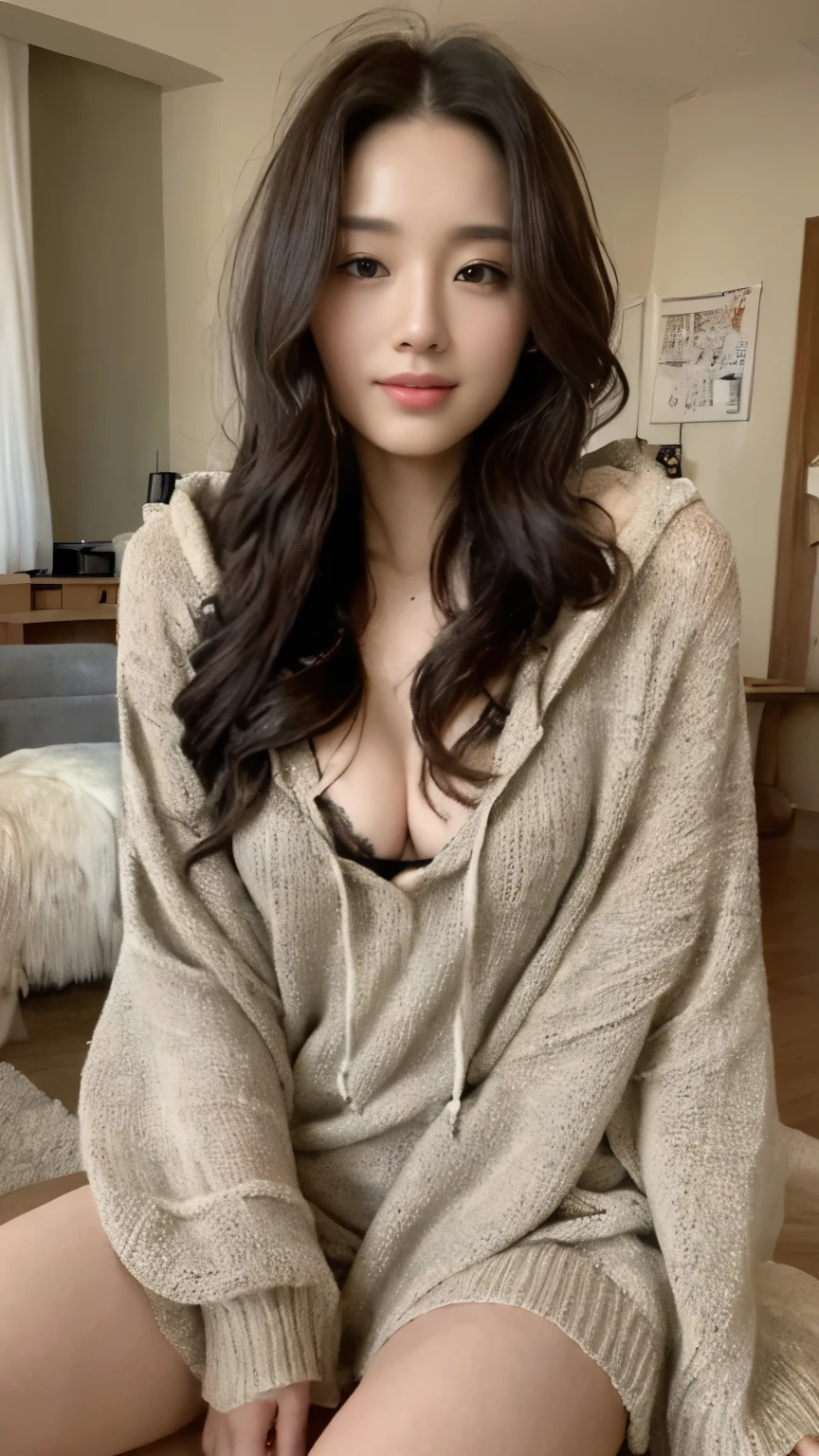 ((top-quality、8k、​masterpiece:1.3))、Beautiful woman with perfect body:1.4、slim abdomen:1.2、Longhair, normal breast, Highly detailed facial and skin texture, A detailed eye, (smile), (full body shot), ((living room)), (sitting on the sofa), (((wearing hooded sweater)), looking in front