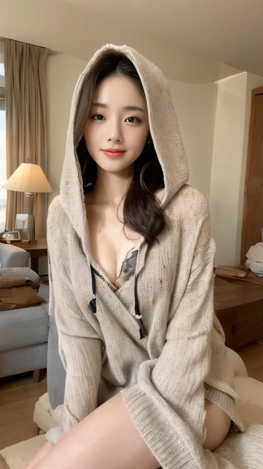 ((top-quality、8k、​masterpiece:1.3))、Beautiful woman with perfect body:1.4、slim abdomen:1.2、Longhair, normal breast, Highly detailed facial and skin texture, A detailed eye, (smile), (full body shot), ((living room)), (sitting on the sofa), (((wearing hooded sweater)), looking in front