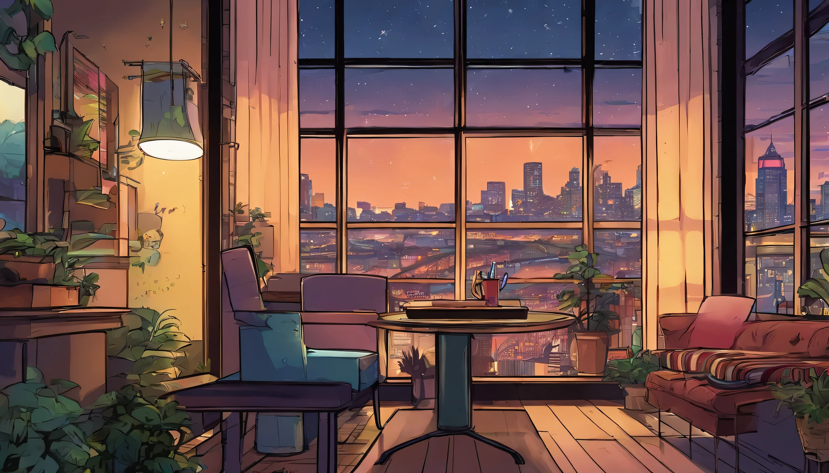 unmanned, night, rain, cozy study desk, large window overlooking beautiful city scenery, (staring at the scenery), cafe, notebooks