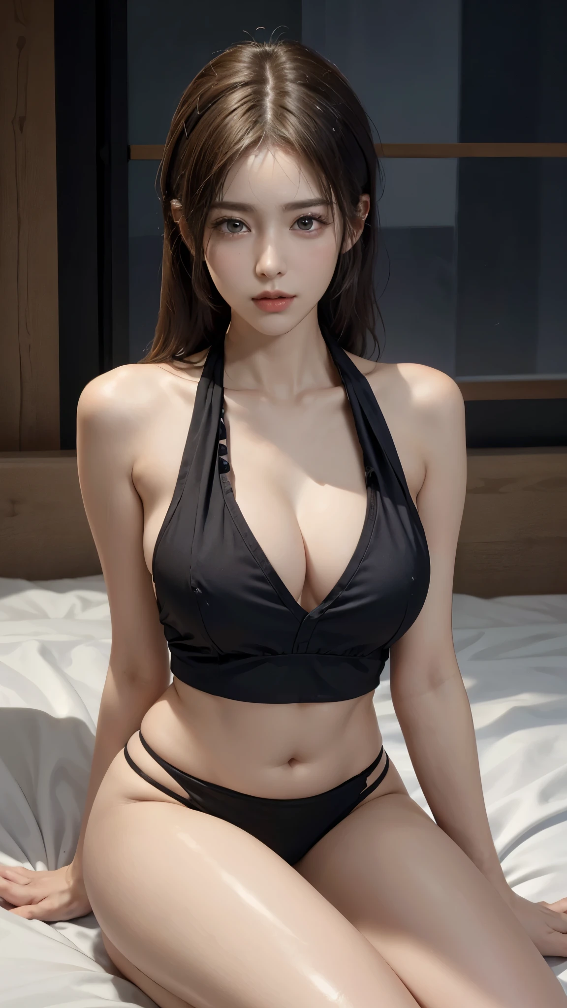 ((Realistic lighting, best qualtiy, 8k, tmasterpiece:1.3)), sharp fokus:1.2, 1girl, Beautiful Women with Perfect Figure:1.4, Slim abs:1.1, ((dark brown  hair)), (White crop top:1.4）,（exteriors，during night：1.1），Sit on the indoor bed，Ultra-fine face，Fine eyes，二重まぶた，Leaks out the entire delicate breast