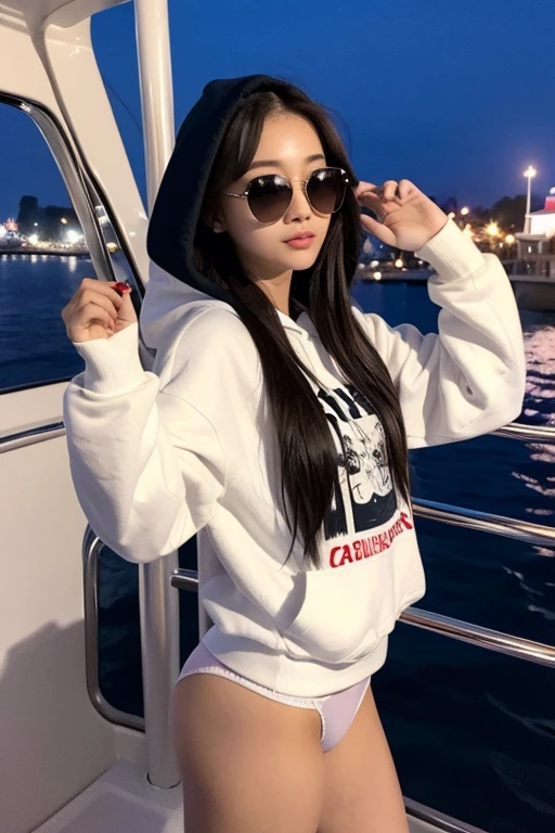 Chinese girl wearing a hoodie and no pants. Wearing sunglasses. Striking a cute pose on a yacht at night. 