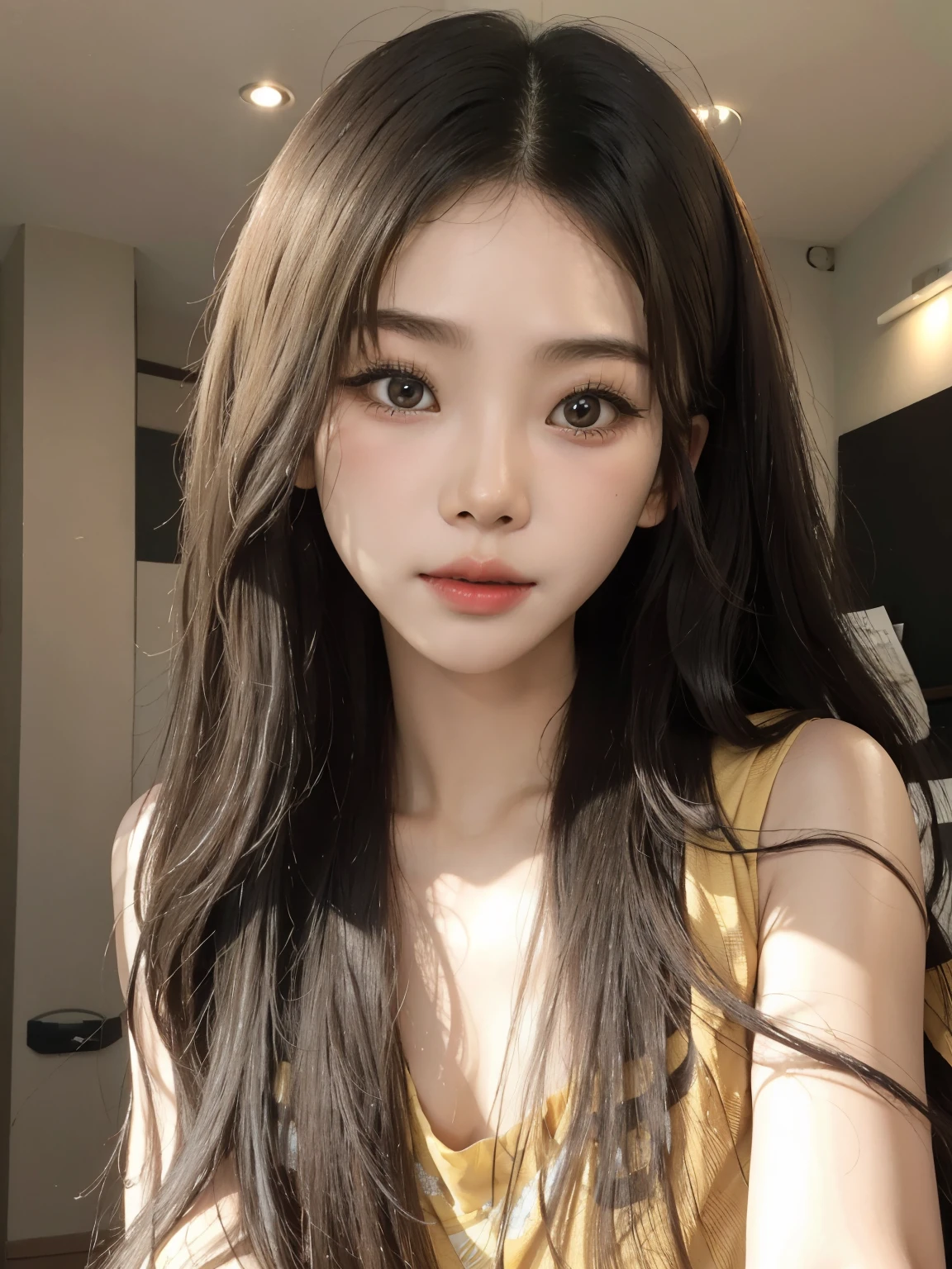 a close up of a woman with long hair wearing a yellow dress, young cute wan asian face, beautiful south korean woman, beautiful asian girl, gorgeous young korean woman, beautiful young korean woman, korean girl, asian girl with long hair, with cute - fine - face, wan adorable korean face, xintong chen, popular south korean makeup, ruan jia beautiful!