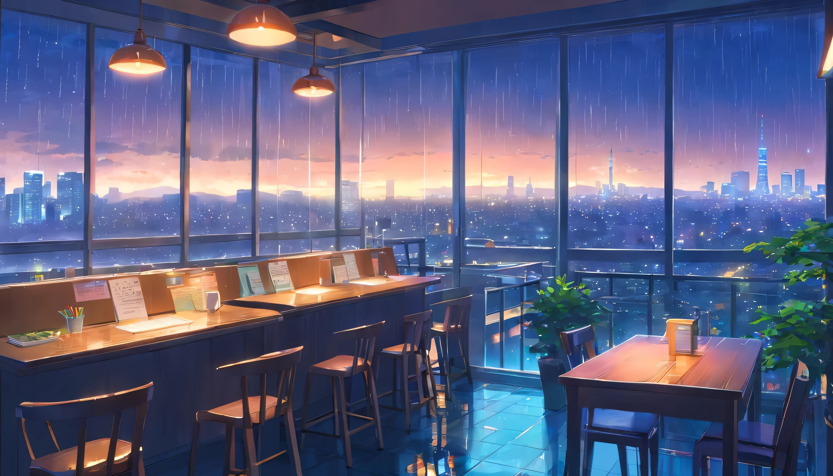 unmanned, night, rain, tokyo, cozy study desk, large window overlooking beautiful city scenery, (staring at the scenery), cafe, notebooks