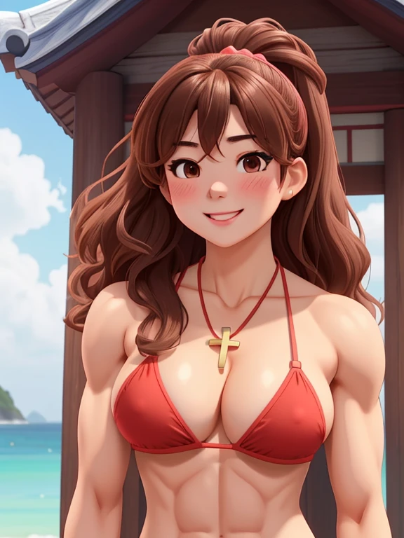 attractive korean woman, ripped muscle, muscular body, small breast, pale skin, smile(blush), bikini, cross necklace, sixpack abs, [ultra detailed skin:1.2], brown hair, wavy hair, 8k uhd, pussy, full body, crowd, public, temple, standing,