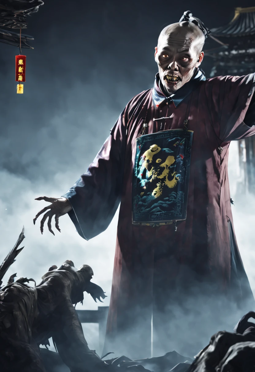 A terrifying Qing Dynasty zombie stands at the center with arms stretched out at a 90-degree angle, Stare forward fiercely. zombie装饰havezombie_have, The dimly lit environment depicts the faint glow of the town. ((actual))),((masterpiece), (best quality), 超high resolution, (original photo:1.2), (photoactual:1.4), Outstanding details, dramatic lighting, high resolution, 8k, ridiculous,Chinese building, Chinese tower, obsolete, (Chinese_clear_zombie:1.5),The color palette is dark and ominous, Create an atmosphere of fear. The overall composition reflects the ink elements of Asian horror posters and traditional Chinese aesthetics.