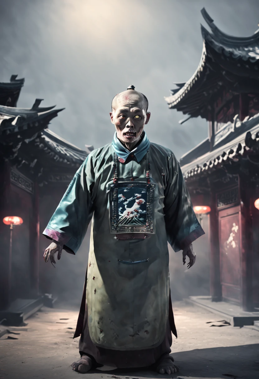 A terrifying Qing Dynasty zombie stands at the center with arms stretched out at a 90-degree angle, Stare forward fiercely. zombie装饰havezombie_have, The dimly lit environment depicts the faint glow of the town. ((actual))),((masterpiece), (best quality), 超high resolution, (original photo:1.2), (photoactual:1.4), Outstanding details, dramatic lighting, high resolution, 8k, ridiculous,Chinese building, Chinese tower, obsolete, (Chinese_clear_zombie:1.5),The color palette is dark and ominous, Create an atmosphere of fear. The overall composition reflects the ink elements of Asian horror posters and traditional Chinese aesthetics.