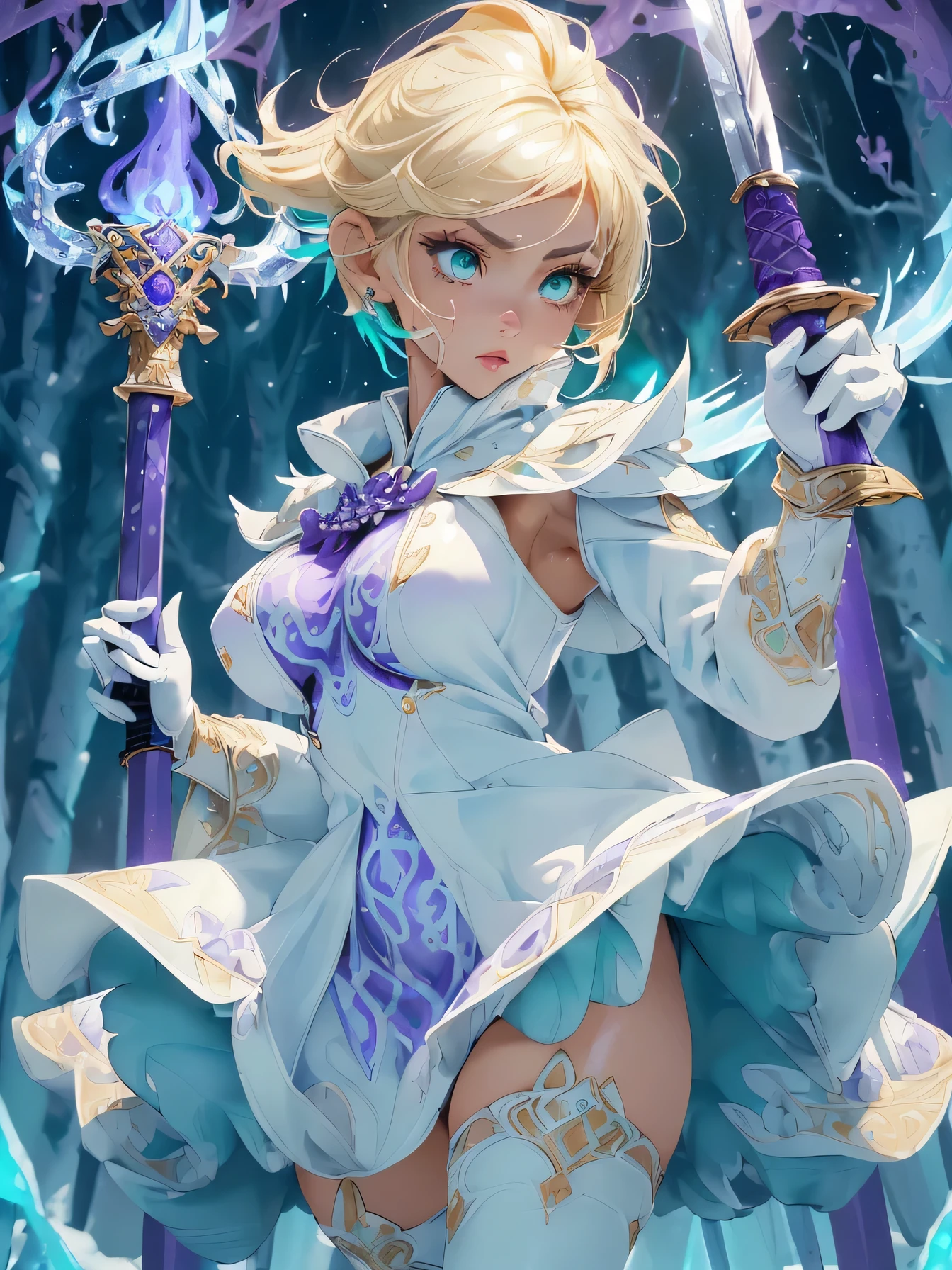 nsfw:1.1,high resolution:1.7,incredibly absurdres,kawaii:1,cute:1.5, hires.fix,incredibly fine illustration,masterpiece:1.2,best quality,high quality,exquisite,beautiful,insanely detailed,intricate detailed,extremely detailed,Super Definition,ultra high res,Super Resolution,best aesthetic, ultra detailed:1.5,best quality,perfect face,detailed face,8k cg wallpaper, stunning art,absurdres,octane render,ultra hires,1girl,cute elf,shinylips,waist slender,((anime elf with extremely cute and beautiful blond hair)),((((blond hair:1.35,undercut blond hair,short hair,colored inner hair,ear breathing)))),(((green_eyes:1.3))),intricate eyes,beautiful detailed eyes,symmetrical eyes,big eyes:1.5,enchanting bright eyes studded with gold and silver dust,(((pinky skin,glowing_skin,lustrous skin:1.5,bright skin: 1.5,skin tanned,shiny skin,very shiny skin,shiny body,plastic glitter skin,exaggerated shiny skin,illuminated skin))),upward breasts,(detailed body,(detailed face)),cute,daring,zettai ryouiki,show skin,best relationship with four fingers and one thumb,((girl trembling with sexual climax)),(((aqua fur coat, aqua fur coat outfit, wearing a ice dress:1.3,aqua winter coat))),((ice dress,elegant ice dress)),(white gloves,white clothes,(((intricate outfit,intricate clothes,embroidered outfit,ornate outfit,embroidered clothes,ornate clothes))),torn clothes,broken clothes,(((pussy))),showing her vagina,((((perfect pussy)))),(((detailed pussy))),kupaa,show off pussy,((spread pussy)),(embarrassed),(dynamic pose:1.0),(centered,scale to fit dimensions,Rule of thirds),winter,scenery:1.25,((intricate scenery)),((snow forest background)),sharp focus,(ultra detailed,extremely detailed),(photorealistic artwork:1.37),(((vibrant colors,vibrant theme))),(intricate),full body,(perfect body),standing,(purple fire:1.5), (holding purple flame sword:1.5), (holding white energy sword:1.3), (black flame katana:1.3), (swing a white flame sword:1.3),
battle,fight,(action pose: 1.4),tentacles,dungeon