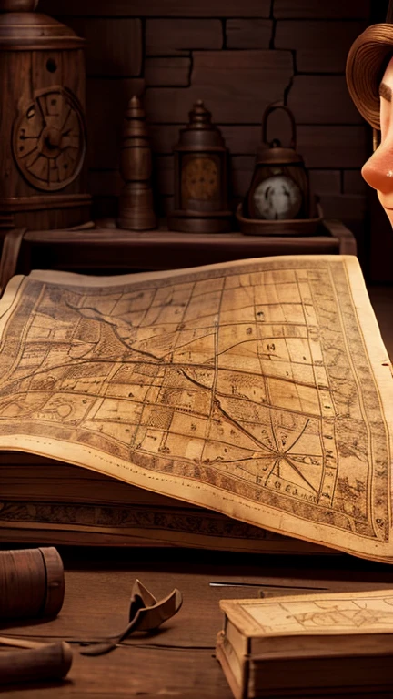 An intricate image of the old map, with aged edges, marked lines, and mysterious symbols indicating the treasure's location. Highlight Clara's curious expression as she discovers it in her grandmother's photo album.