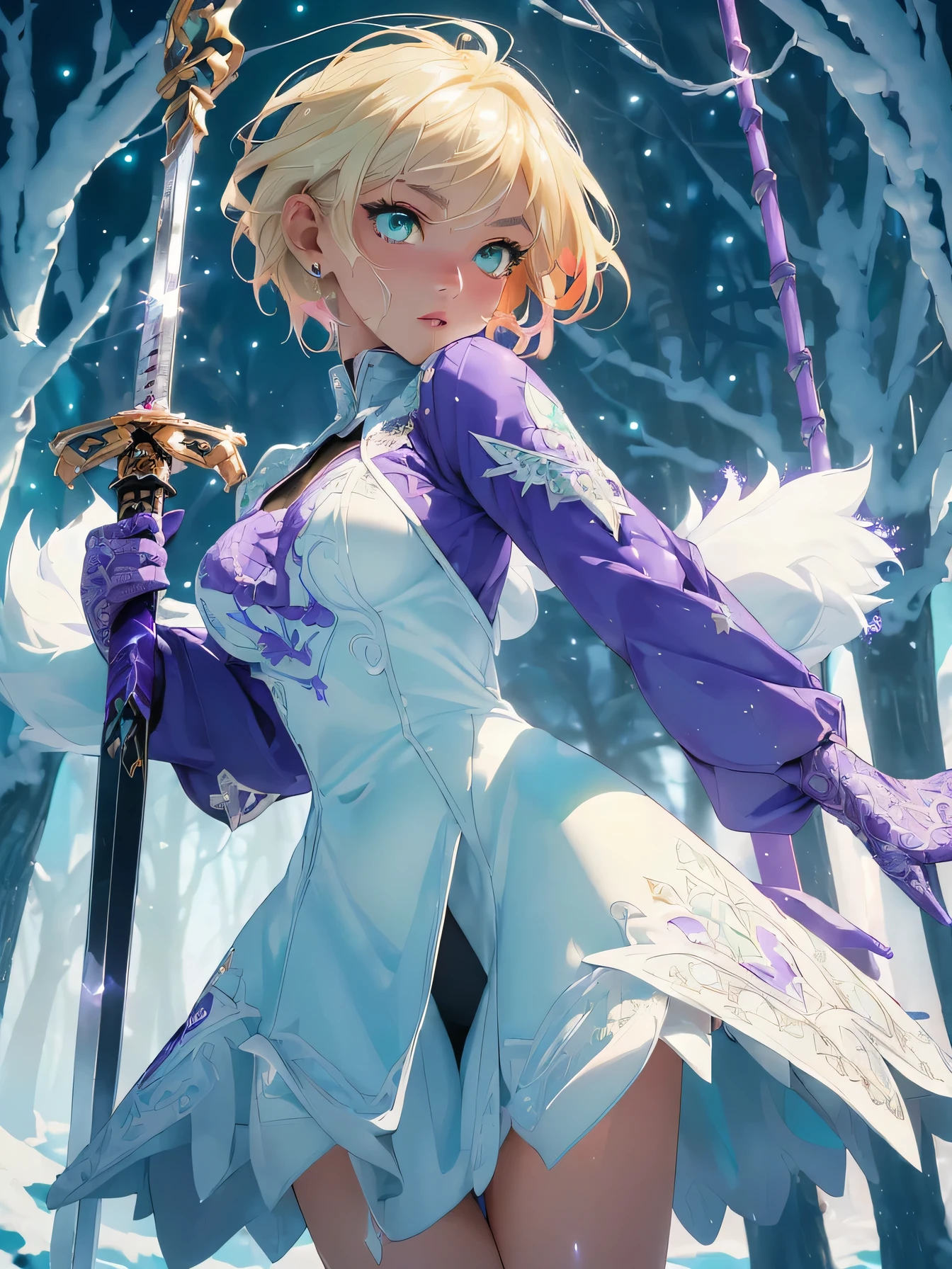 nsfw:1.1,high resolution:1.7,incredibly absurdres,kawaii:1,cute:1.5, hires.fix,incredibly fine illustration,masterpiece:1.2,best quality,high quality,exquisite,beautiful,insanely detailed,intricate detailed,extremely detailed,Super Definition,ultra high res,Super Resolution,best aesthetic, ultra detailed:1.5,best quality,perfect face,detailed face,8k cg wallpaper, stunning art,absurdres,octane render,ultra hires,1girl,cute elf,shinylips,waist slender,((anime elf with extremely cute and beautiful blond hair)),((((blond hair:1.35,undercut blond hair,short hair,colored inner hair,ear breathing)))),(((green_eyes:1.3))),intricate eyes,beautiful detailed eyes,symmetrical eyes,big eyes:1.5,enchanting bright eyes studded with gold and silver dust,(((pinky skin,glowing_skin,lustrous skin:1.5,bright skin: 1.5,skin tanned,shiny skin,very shiny skin,shiny body,plastic glitter skin,exaggerated shiny skin,illuminated skin))),upward breasts,(detailed body,(detailed face)),cute,daring,zettai ryouiki,show skin,best relationship with four fingers and one thumb,((girl trembling with sexual climax)),(((aqua fur coat, aqua fur coat outfit, wearing a ice dress:1.3,aqua winter coat))),((ice dress,elegant ice dress)),(white gloves,white clothes,(((intricate outfit,intricate clothes,embroidered outfit,ornate outfit,embroidered clothes,ornate clothes))),torn clothes,broken clothes,(((pussy))),showing her vagina,((((perfect pussy)))),(((detailed pussy))),kupaa,show off pussy,((spread pussy)),(embarrassed),(dynamic pose:1.0),(centered,scale to fit dimensions,Rule of thirds),winter,scenery:1.25,((intricate scenery)),((snow forest background)),sharp focus,(ultra detailed,extremely detailed),(photorealistic artwork:1.37),(((vibrant colors,vibrant theme))),(intricate),full body,(perfect body),standing,(purple fire:1.5), (holding purple flame sword:1.5), (holding white energy sword:1.3), (black flame katana:1.3), (swing a white flame sword:1.3),
battle,fight,(action pose: 1.4),tentacles,dungeon