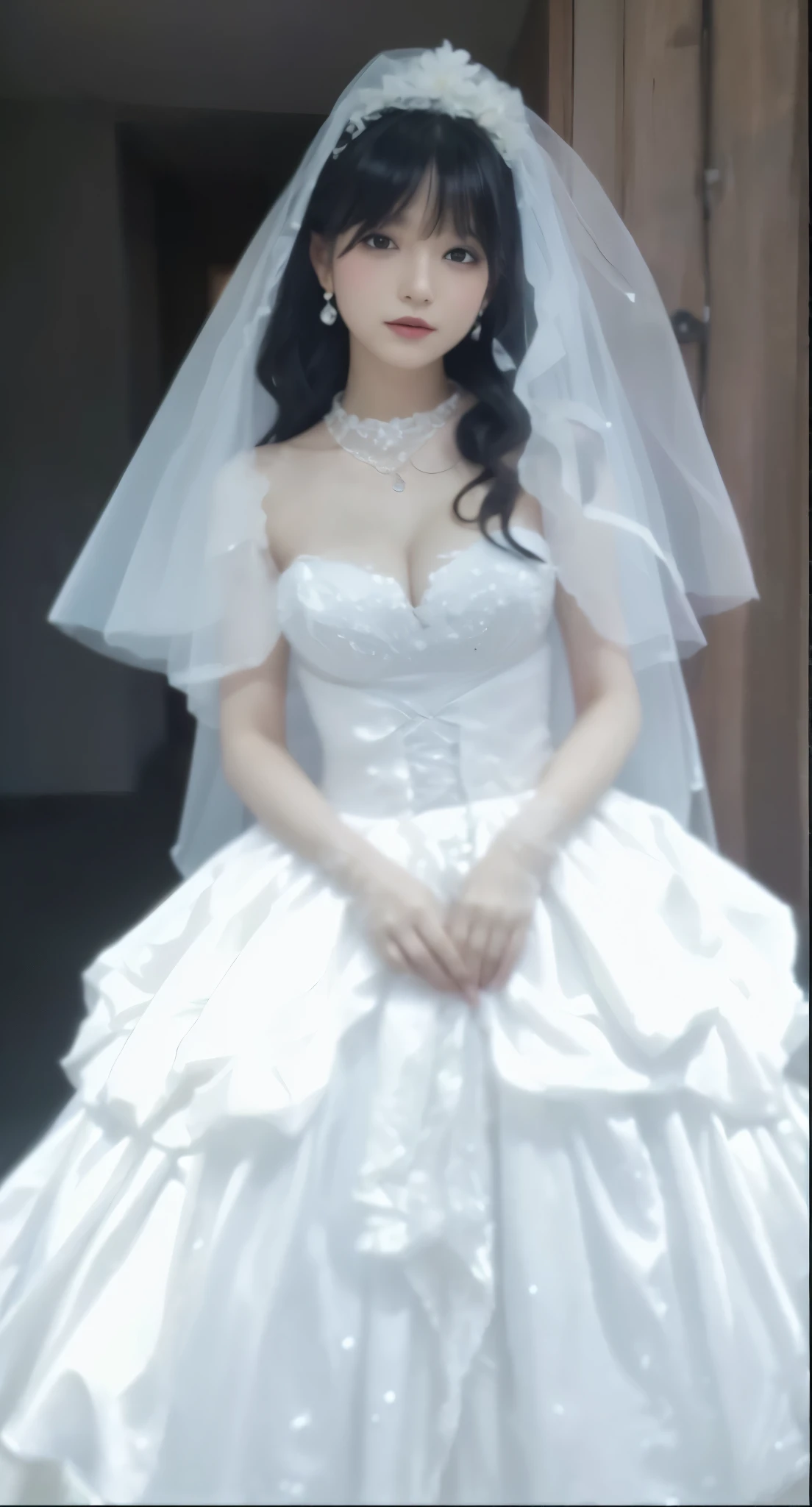  Close-up of beautiful bride in bridal dress,Gurwitz，Blushing face，Head flower，headgear，（tube top wedding dress：1.5），（silk dress：1.2）,（strapless wedding dress：1.5）,pure white dress，necklace，earrings,(large breasts:1.3)，Neck ornaments，Deep V peach heart collar wedding dress，Bangs，Bouquet，lipstick，（White long elbow gloves：1.3），(Bridal veil:1.2），（Transparent short veil：1.2），Bust photo,High detail RAW color art,Tyndall phenomenon,front，Half body