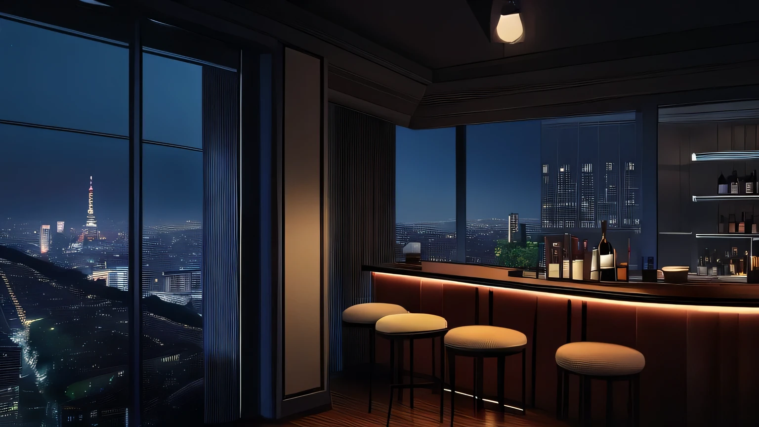 unmanned, night, rain, tokyo, cozy bar, large window overlooking beautiful city scenery, (staring at the scenery), jazz, wine