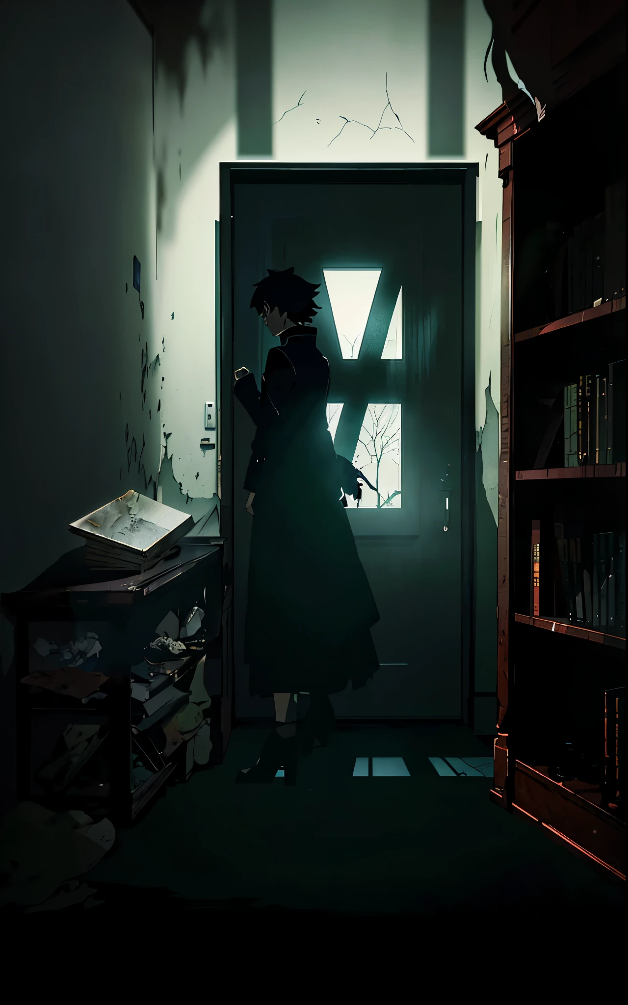there is a person standing in front of a door with a shadow, makoto shinkai. digital render, shadow filled room with gloomy, shadowy and eerie character, mysterious figure, dramatic lighting render, mysterious woman, photorealistic dark concept art, dark library, eerie art style, ghost room, makoto shinkai. octane render, anime. soft lighting