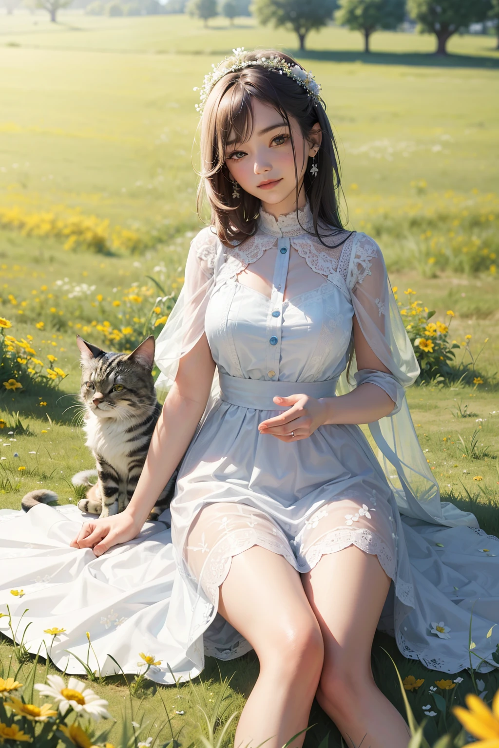masterpiece, high resolution, detailed: 1.3,
A beautiful girl with long flowing hair, 1.2,
Sitting in a flowery meadow, 1.1,
Surrounded by vibrant wildflowers,
With a gentle breeze rustling through,
Wearing a pastel-colored dress, 1.2,
Its intricate lace patterns exposed,
A delicate floral crown adorns her head,
Her peaceful expression and content smile, 1.2,
Radiating a harmonious bond with the feline companion she holds, a cute cat,
The lush green grass beneath her feet, 1.2,
Home to