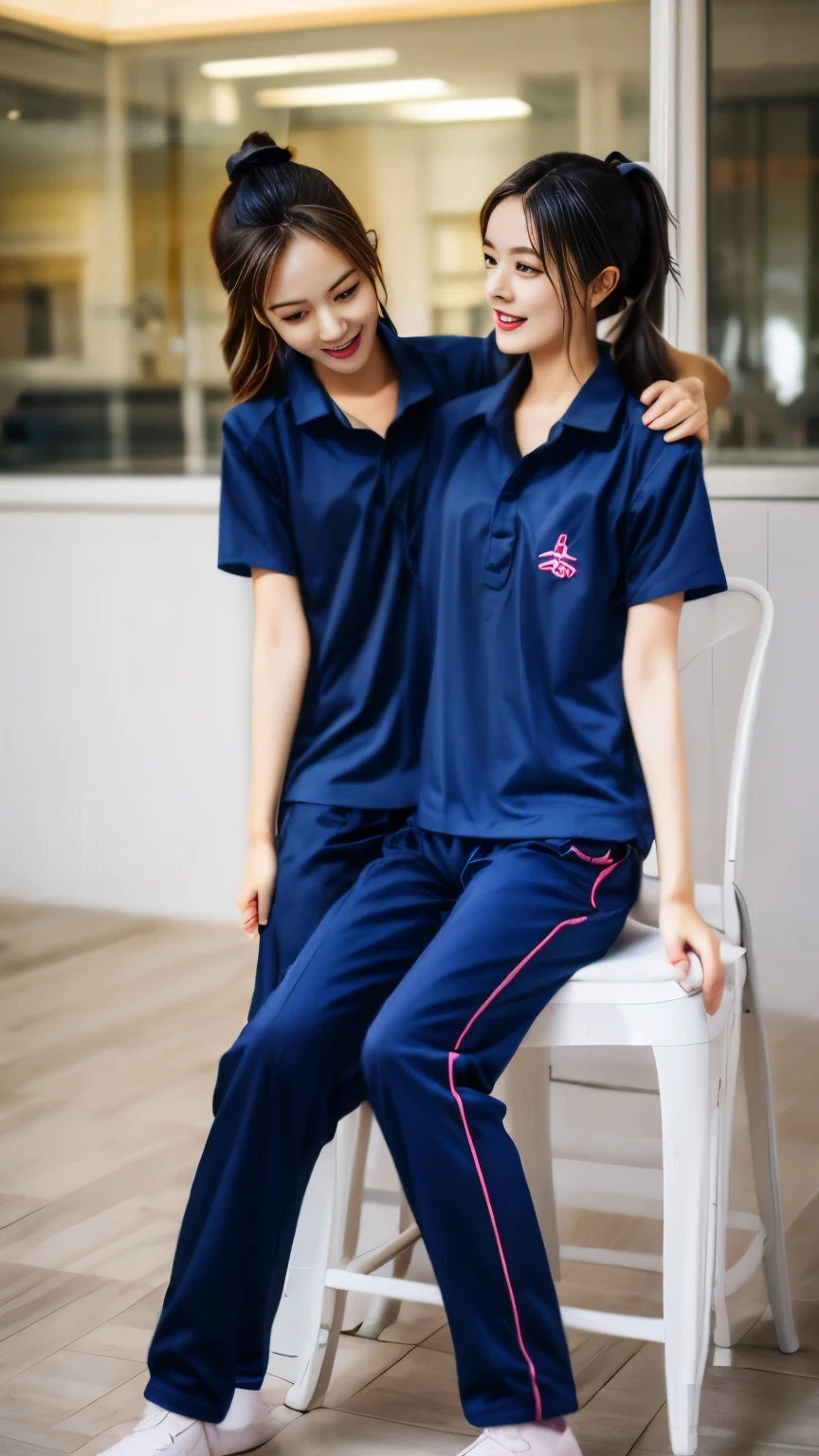 two girls sitting on chairs., Navy blue short-sleeved shirt,Navy Long Trackpant,Sweatpants, Sweatpantsขายาว, หญิงรักhave sex, coax, Sexual arousal, Realistic poses, exercise clothes, exercise clothes, have sex