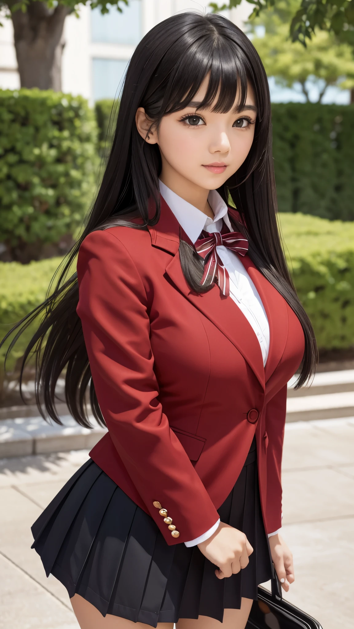 ((best quality)), ((muste piece)), (detailed breasts), (highlight), perfect face　Young girl highlighting large breasts with detailed face、Long, thick, shiny, beautiful black hair with blunt bangs、solid color background、Standing wearing red and black blazer and miniskirt school uniform、Japanese high school girl、student council president idol、