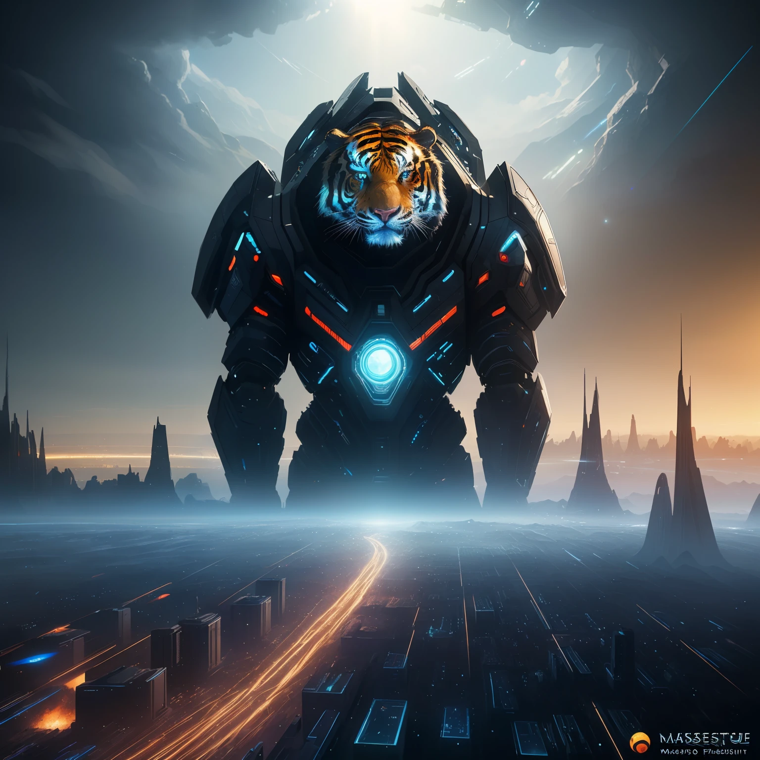 ((top quality, 8k, masterpiece: 1.3))，Giant animal tiger,futuristic city，Time and space concept art，Fantasy sense of future technology，High-tech blue shift rendering，Large scenes，16k resolution concept art，8K resolution concept art，8K concept art，8k high detail concept art，Fantasy sci-fi city，Atmospheric concept art，8K concept art，colorful glare，Metaverse space scene，Lines of light，Dynamic，Beautiful sense of technology，Light painting rendering，nobody
