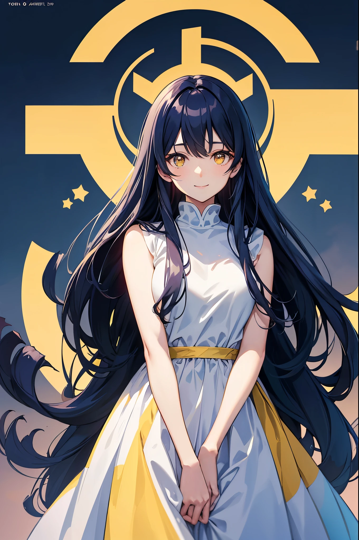 Cover magazine. anime, A woman. long hair. navy hair. Dark blue hair. golden eyes. Yellow eye. Half Body potrait. Upper body. Smile. Cute elegan dress. Light color dress. Casual dress. Blue sky background