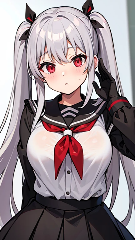 gray hair red eyes twin tails Tsundere uniform (gossiper:1.2) Saluting