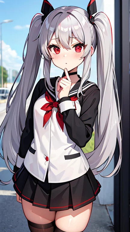 gray hair red eyes twin tails Tsundere uniform (gossiper:1.2) Saluting