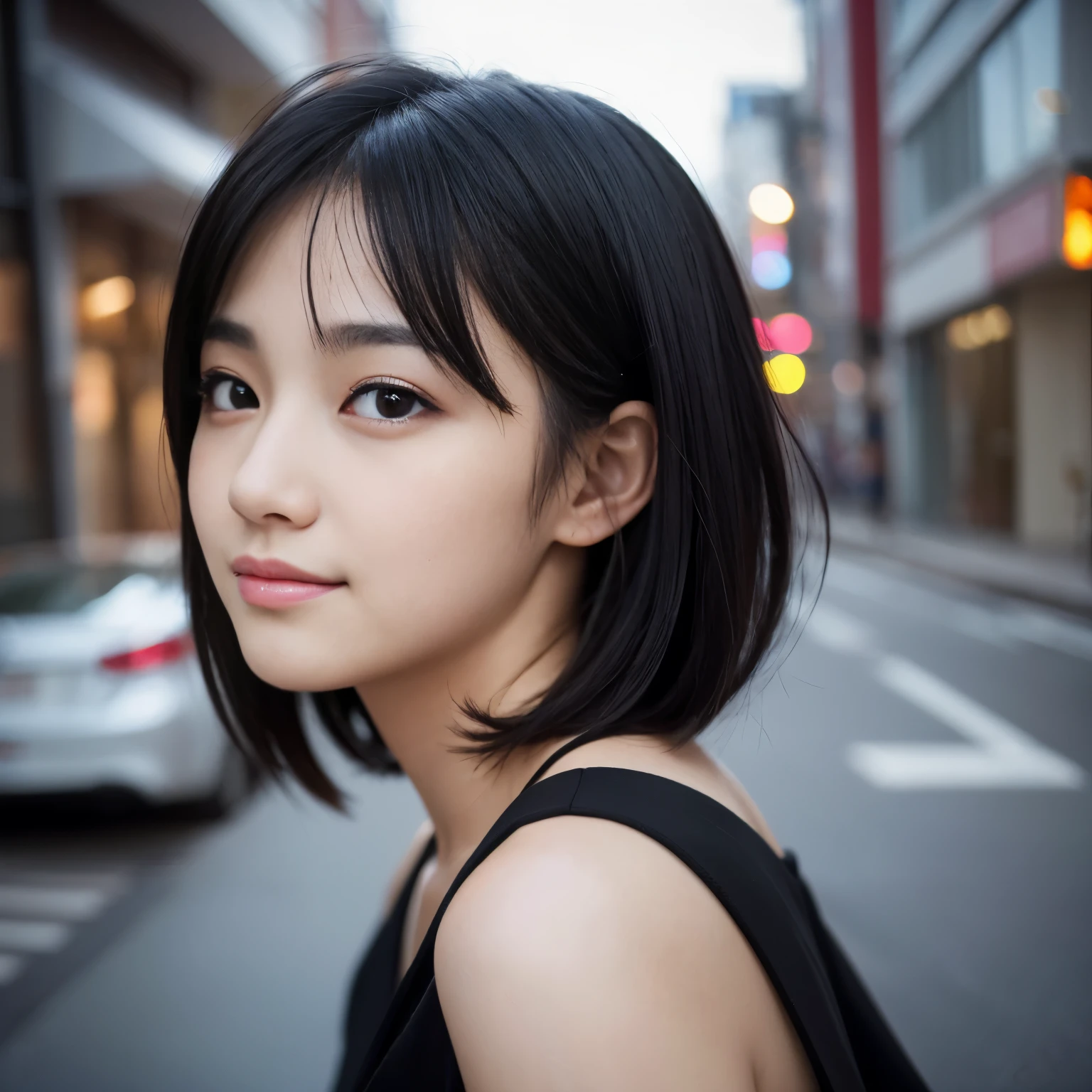 Best-quality, Masterpiece, Ultra-High-Resolution, (Photorealistic:1.4), Raw-Photo, 1girl, 15-years-old, the most famous Japanese idol, at midnight street, wearing only Japanese-high-school-uniform, innocent smile, extremely cute face like the most popular Japanese idol, (((extremely beautiful big-black-eyes))), extremely beautiful black-short-cut-haired, extremely beautiful long-eyelashes, extremely beautiful lips, extremely beautiful skins, detailed big-black-eyes