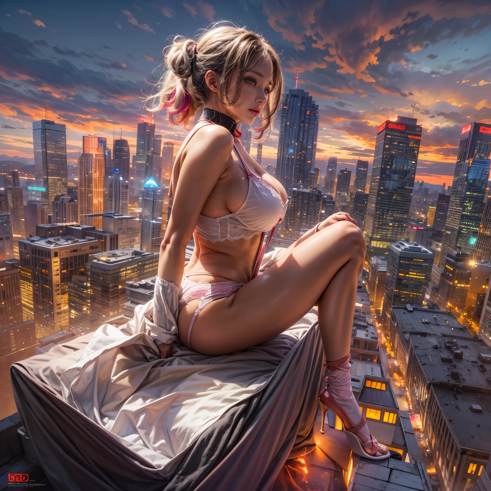 ((NSFW:-0.95)), (((nipple:-0.9))), ((Acutance:0.85)), (from below) . A (KAWAII girl:1.2) is quarter squatting in the city, with white lingerie and Red highheels. The background is the downtown area at (Twilight:1.4), (((Red-dyed clouds above hed:1.2))), { Skyscrapers Shining in the setting sun | (many colorful Lights:1.2) | (lens flare) | Burning | heyz | luminous Particles | Mystic sight } . (Masterpiece:1.2) of professional Analog photo with Hasselblad open aperture, (((realistic and photorealistic with touch of rawness:1.37))), physically-based 3D rendering with ultra-detailed. { This character has Overflowing Gigantic Cleavage and (visible sideboob and underboob:1.2) | Oiled ivory skin | Detailed open crotch | A Number of girls watching her } .