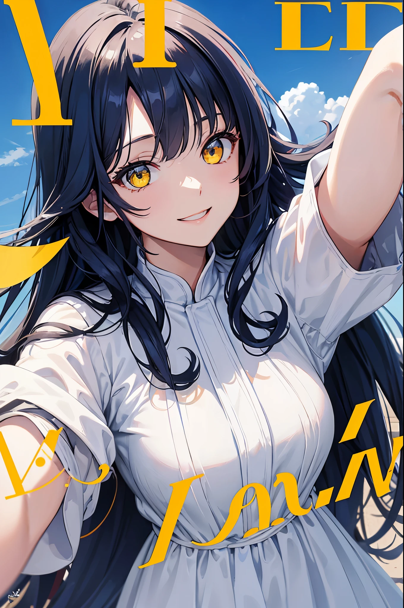 Cover magazine. anime, A woman. long hair. navy hair. Dark blue hair. golden eyes. Yellow eye. Half Body potrait. Upper body. Smile. Cute elegan dress. Light color dress. White dress. Casual dress. Blue sky background