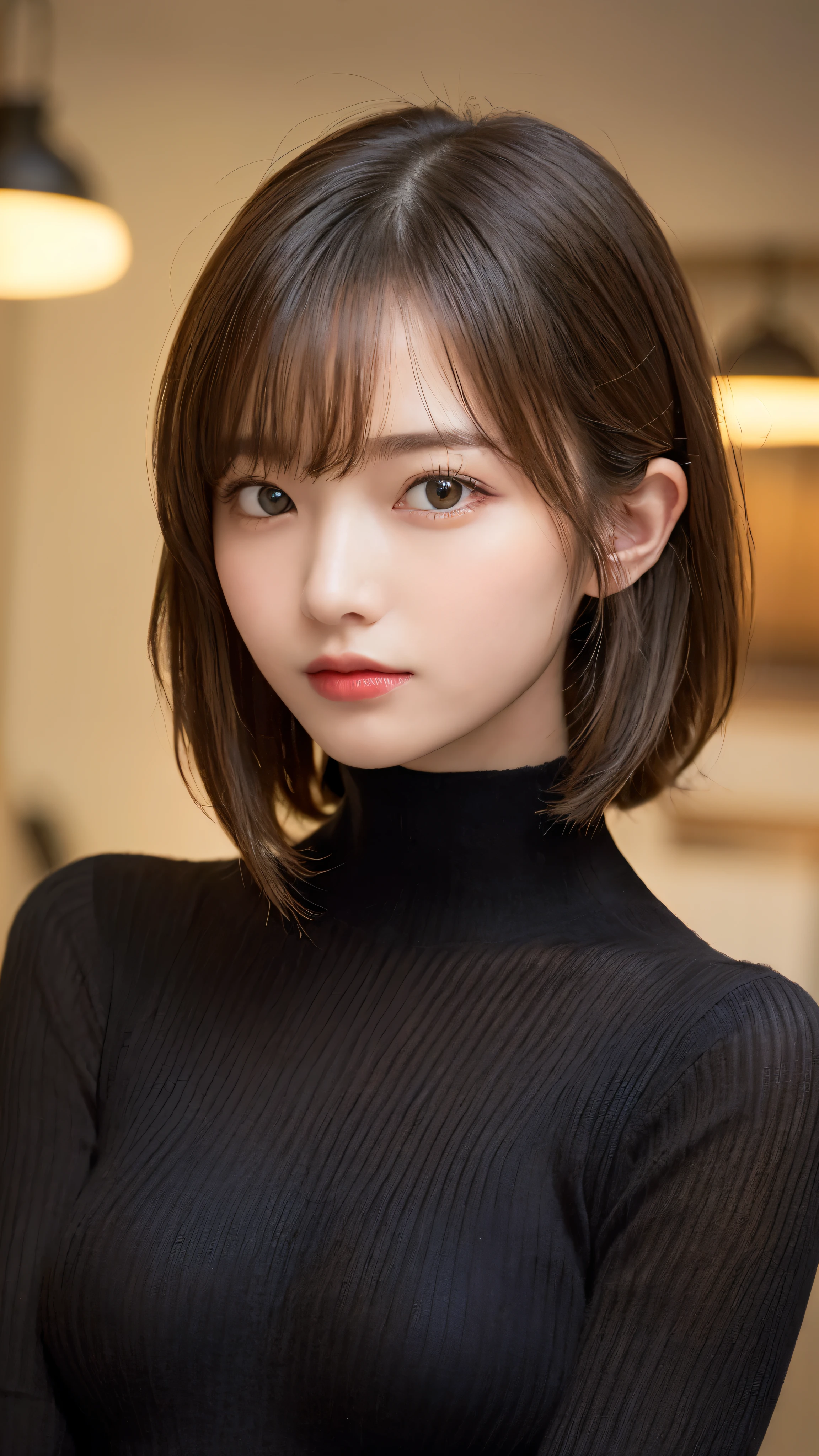 ((NSFW))、(masterpiece:1.5)、(photorealistic:1.5)、(highest quality:1.4、8K、Raw photo）、
ultra high resolution、professional lighting、perfect dynamic composition、Indoors、
film grain、chromatic aberration、(Bokeh:1.1)、
Frank、Sophisticated、attractive、surreal、high detail、golden ratio、
(1 girl)、Slender girl、繊細でattractive女の子、cute woman:1.4、
serious expression、looking at the viewer、Full body Esbian、
light brown hair、shining hair、half up hairstyle、
skin that looks real、
close your mouth、detailed eyes、double eyelid、thin arms、
(wearing a tight black knit:1.4)、(showing thighs:1.3)