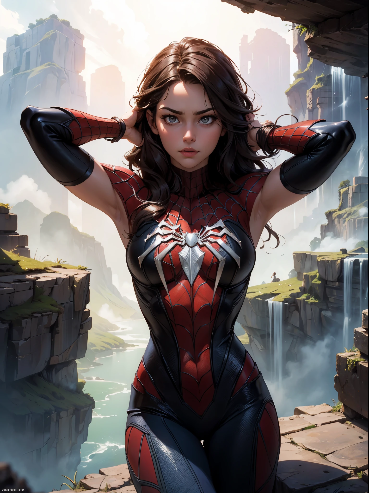 (Extreme Detail CG Unity 8K Wallpapers,tmasterpiece,Highest image quality),(Delicate light and shadow,The picture is highly dramatic,Cinematic lens effect),full bodyesbian,A girl in a short Spider-Man dress, hair color,From the Spider-Man parallel universe,Wenger,Marvel,Spidey,sitting in the couch,dynamicposes),(Exceptional detail,The lighting effect is outstanding,Vista wide angle),(Excellent rendering,Enough to stand out from the crowd),The focus is on the Spider-Man costume,Complex spider textures
mysterious ancient ruin, lush forests, deep canyons,bridge,river,cliff,cloud, lakes,rock,waterfalls, flowers, grass, fog,vine,tree, smoke,
best shadow,bright details,sharp,perfect composistion,
Intricate, Sharp focus, dramatic,
(specular lighting:1.3),rim light,
photorealistic painting art,by Frank Frazetta,by Julie Bell,by Olivia De Berardinis,by Luis Royo,by boris vallejo,