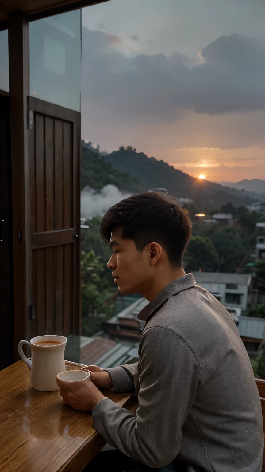 Realistic photo taken from behind without seeing the face of a Vietnamese guy, With short, neat hair and a gray fur-lined warm jacket, he was sitting at a hillside cafe in Da Lat, He sat sideways looking towards the misty sunset hills, in a comfortable mood, enjoying a steaming cup of coffee in front of you, Next to it is a brown poddle wearing a gray shirt, 4k quality pastel colors