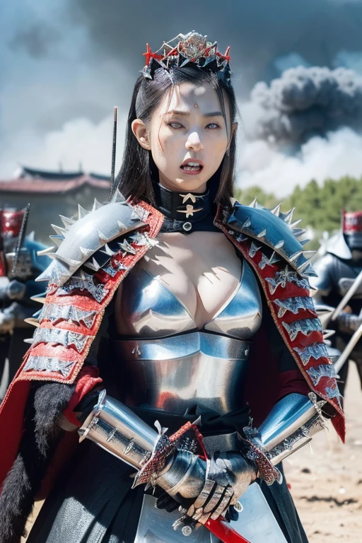 Highest quality, masterpiece, 16K, (raw photography, photorealistic, ultra-detailed, ultra-high resolution:1.3), (fantasy, medieval Japan:1.4), cinematic lighting, professional photo, (correct , perfect body, correct body proportion:1.5), dynamic, sharp focus, depth of field, (intricately detailed face, ultra-realistic skin texture:1.1), (from front:1.4), 1 girl, solo, ((cowboy shot:1.1)), looking at viewer, ((witch daimyo:1.4)), black hair, short hair, ((silver crown with 4 spikes:1.2)), ultra-detailed eyes, bright eyes, ((red iris:1.3)), highly detailed nose and lips, beautiful nose, glossy lips, (expressive face:1.4), ((evil smile:1.3)), ((red samurai armor, emitting evil aura:1.5)), ((black cape:1.3)), (slender, beautiful breast:1.3), (perfect body proportion:1.4), during a battle and massacre, (wielding a cursed katana:1.5), (((daytime, noon, outdoor:1.1))), (((accompanied with her own army:1.5))), ((burning and destroyed castle in the backgorund:1.4)),