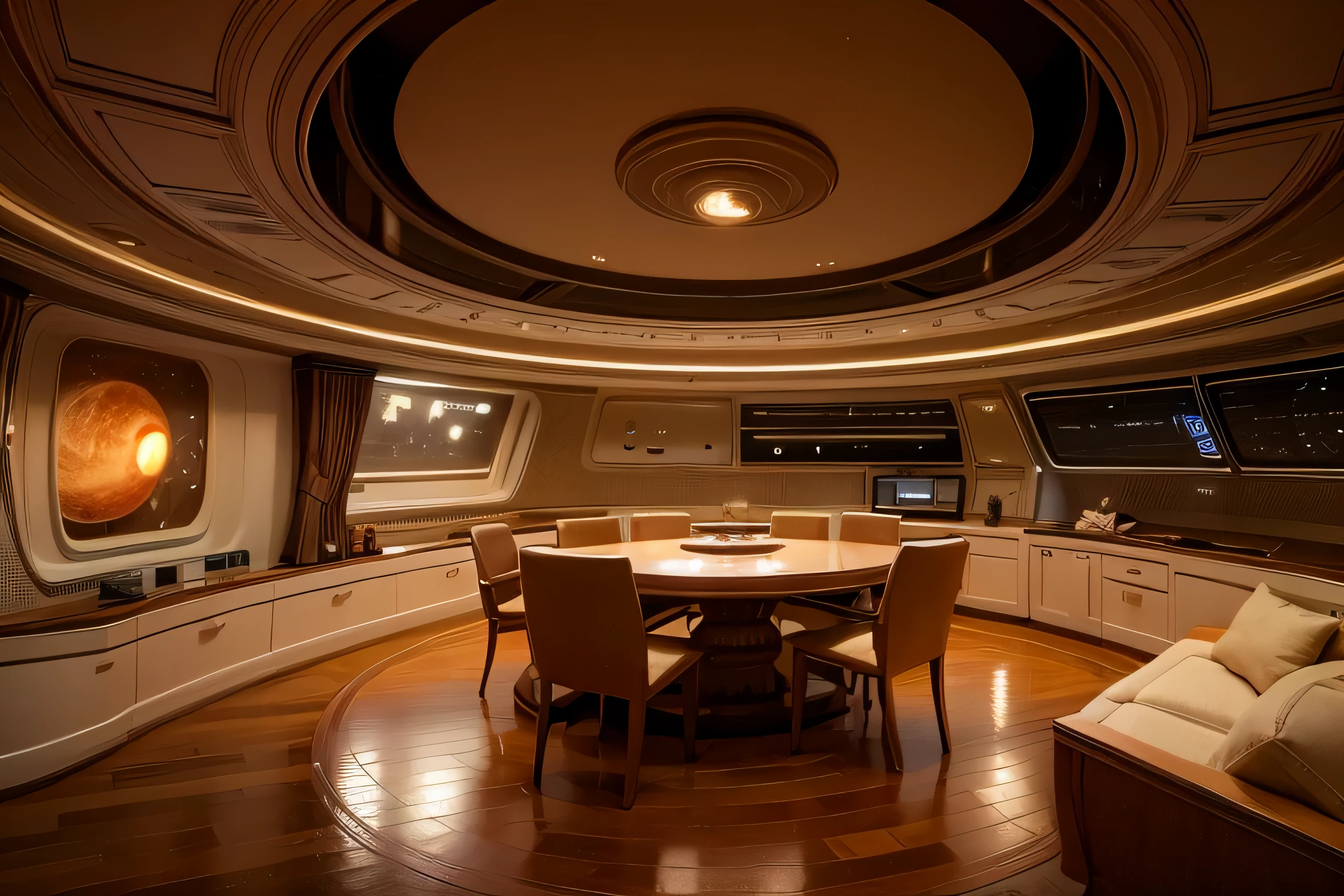 arafed room with a round table and chairs and a large screen, star trek setting, from star trek 2021, in the style star trek 8 k, sci fi setting, spaceship interior, high tech space ship interior, futuristic interior, the orville, futuristic setting, sci - fi interior, interior of a star destroyer, sci - fi setting