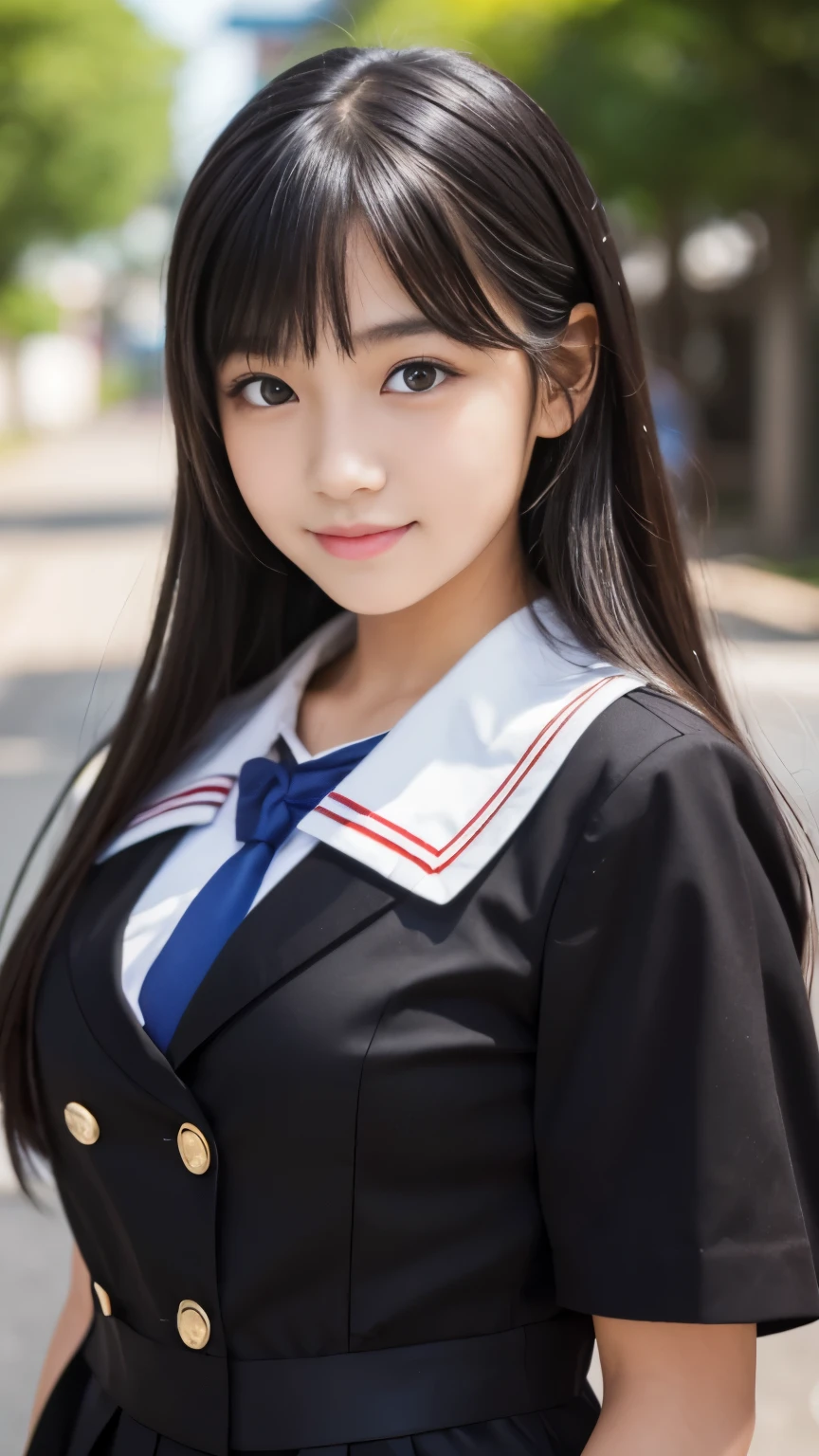 Best-quality, Masterpiece, Ultra-High-Resolution, (Photorealistic:1.4), Raw-Photo, 1girl, -yeld, thost famous Japanese idol, (wearing only Japanese-high-school-uniform), innocent smile, extremely cute face like the most popular Japanese idol, (((extremely beautiful big-black-eyes))), extremely beautiful black-short-cut-haired, extremely beautiful long-eyelashes, extremely beautiful lips, extremely beautiful skins, detailed big-black-eyes, detailed Japanese-high-school-uniform
