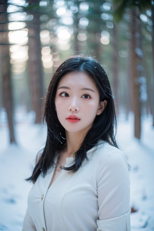 Rule of third composition portrait, (RAW photo:1.2), (photorealistic:1.4), shot by Sony alpha 7 iv, 85mm lens, f/1.4, ISO 100, (masterpiece:1.2), (intricate detailed), (best quality:1.2), (professional photography), (realistic:1.5), (soft light:1.3), (defuse lighting:0.7), (ambient lighting:0.6), (rim lighting,:1.2), fine textures, (depth of field:1.2), (bokeh:1.2), (face focus:1.5), film overlay, film grain, women model large breasts900CC, Open field covered with snow There was sunlight filtering through the branches of the trees in the forest. There are big trees covered with snow, The snow was so thick, the trees looked completely white, The overall atmosphere is calm, warm and romantic,