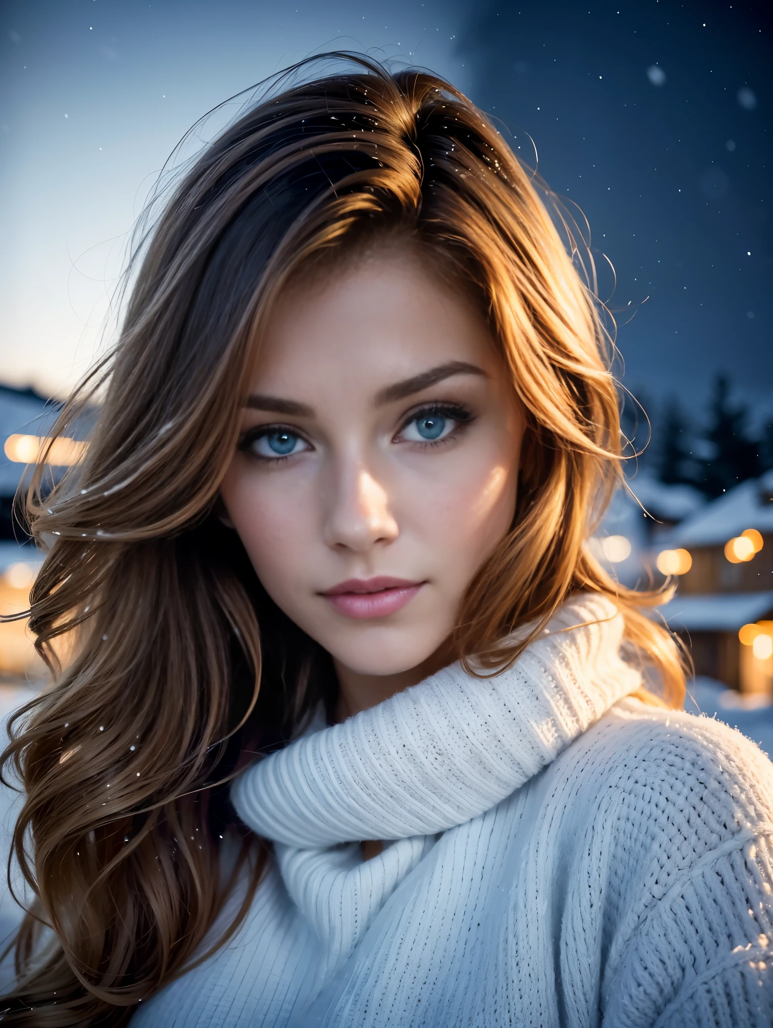 (Extreme Close up portrait:1.3), (from above:1.1). an ultra hot gorgeous European woman, age 23, she’s a playmate, men magazine model. Flirts with camera, subtle smile. Ginger wavy hair. Green eyes. (she’s standing in a snowy village at night:1.4). Loose wool sweater.Perfect anatomy, perfect hair, perfect breast, perfect body, perfect hands, perfect face, UHD, retina, masterpiece, accurate, anatomically correct, textured skin. Winter starry night, northern lights