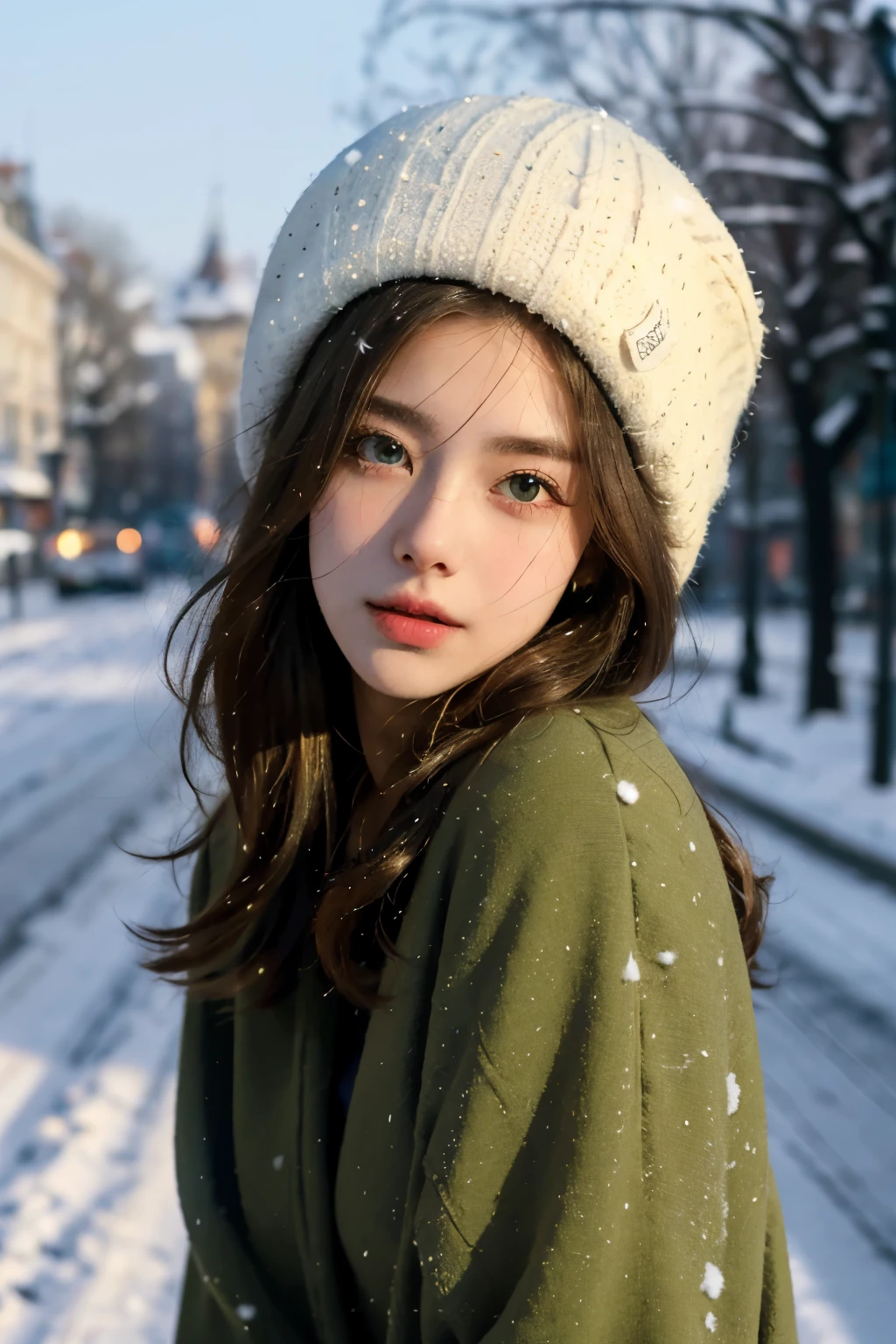 (best quality,4K,high resolution,masterpiece:1.4),Super detailed,Very detailed,sharp focus,Surreal:1.4,professional,HD images,bright colors,Bokeh,Beautiful and delicate eyes,Beautiful and delicate lips,long eyelashes,Romantic atmosphere,soft light,Contrast light and shadow,Lighting effects,high nose bridge,high nose，Yamane，young,Lively,Chubby cheeks,charming,graceful curves，blond，full，The streets of Paris，European girl，Snowing day，Kremlin background，Wearing star cotton hat，olive green clothing