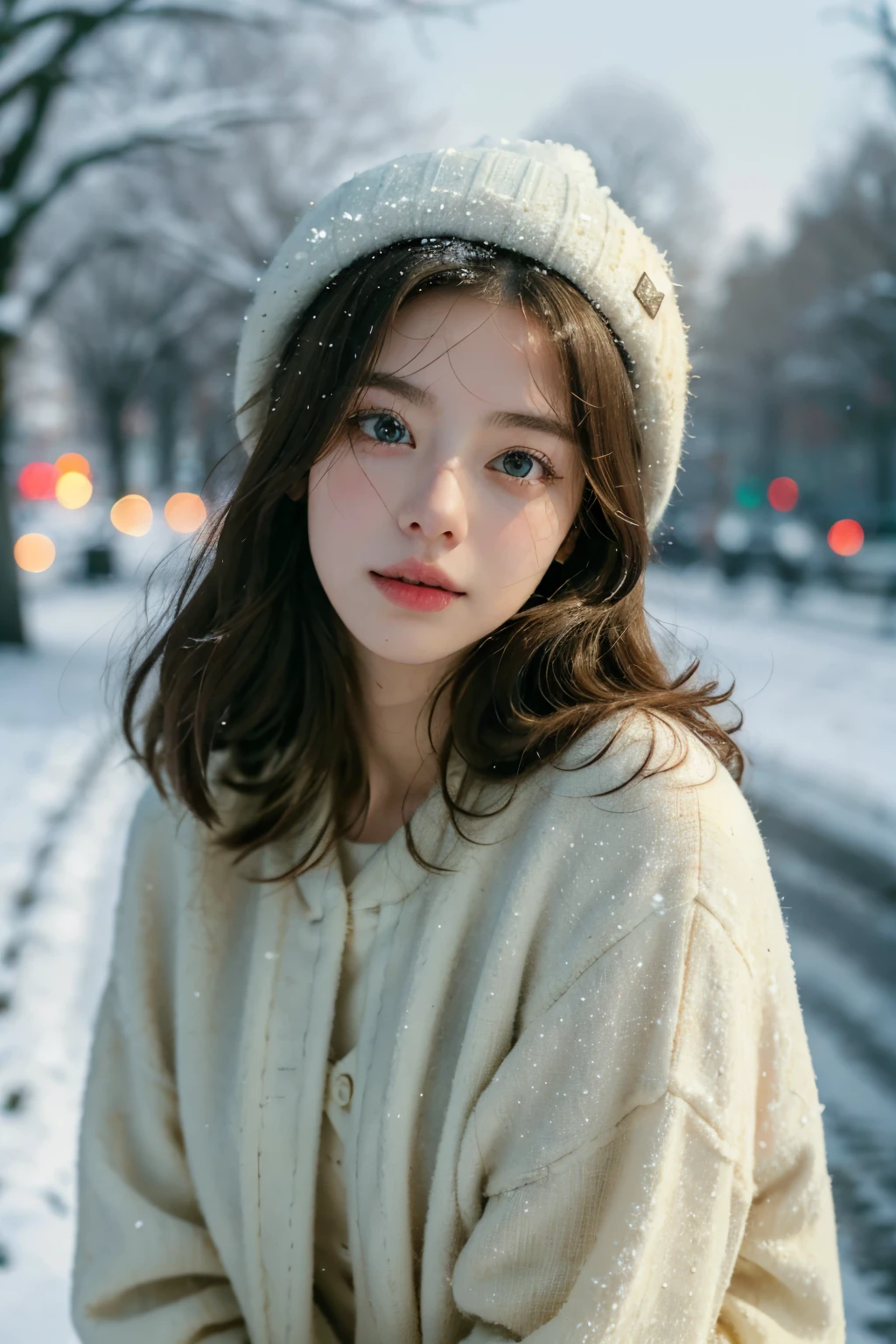 (best quality,4K,high resolution,masterpiece:1.4),Super detailed,Very detailed,sharp focus,Surreal:1.4,professional,HD images,bright colors,Bokeh,Beautiful and delicate eyes,Beautiful and delicate lips,long eyelashes,Romantic atmosphere,soft light,Contrast light and shadow,Lighting effects,high nose bridge,high nose,Yamane,young,Lively,Chubby cheeks,charming,graceful curves,blond,full,The streets of Paris,European girl,Snowing day,Kremlin background,Wearing star cotton hat,olive green clothing